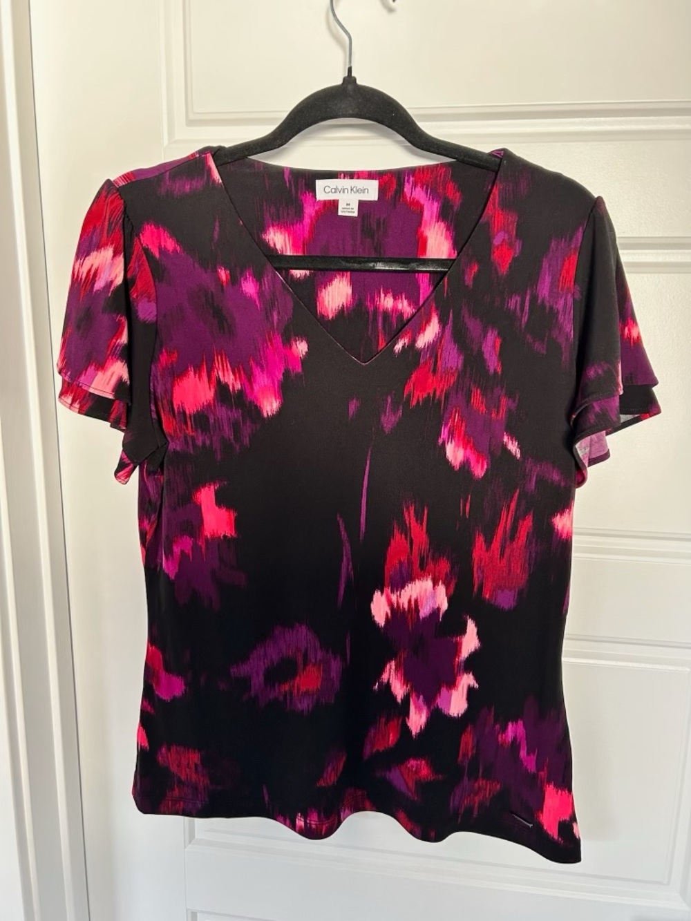 Calvin Klein Black Top with Pink and Purple Abstract Print